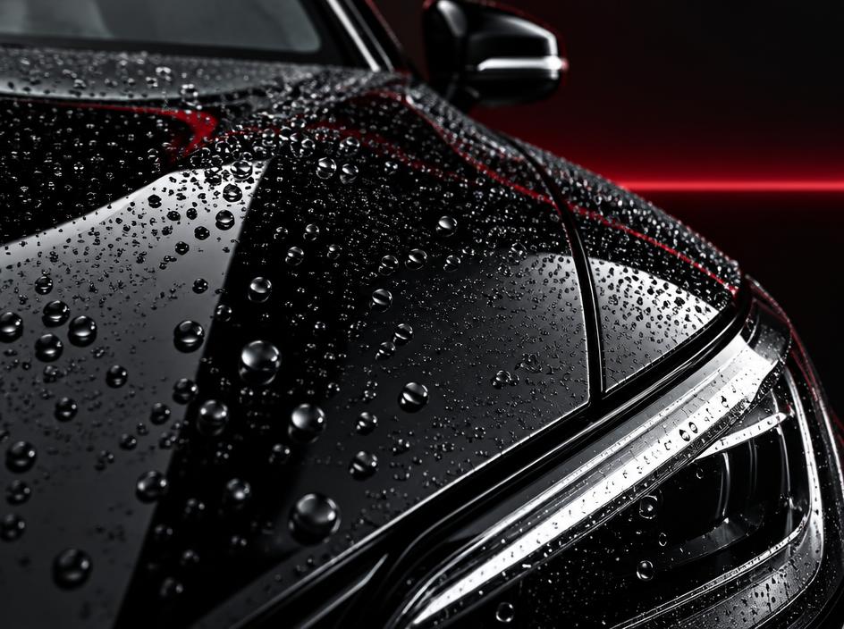 Water beading on a ceramic-coated black hood