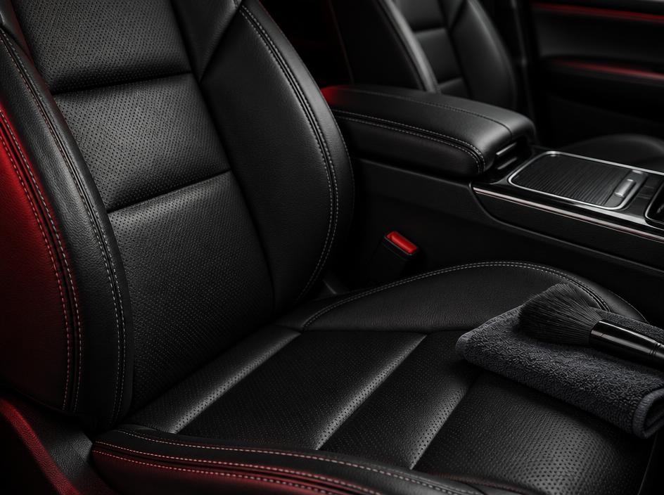 Freshly detailed black leather car interior