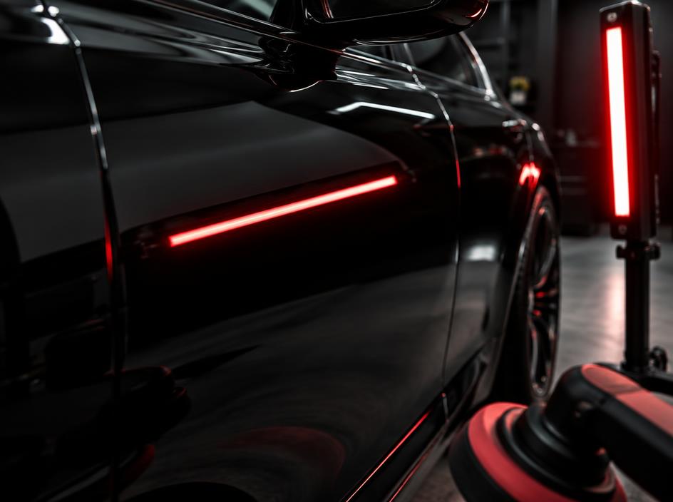 Flawless black paint inspected under red detailing lights